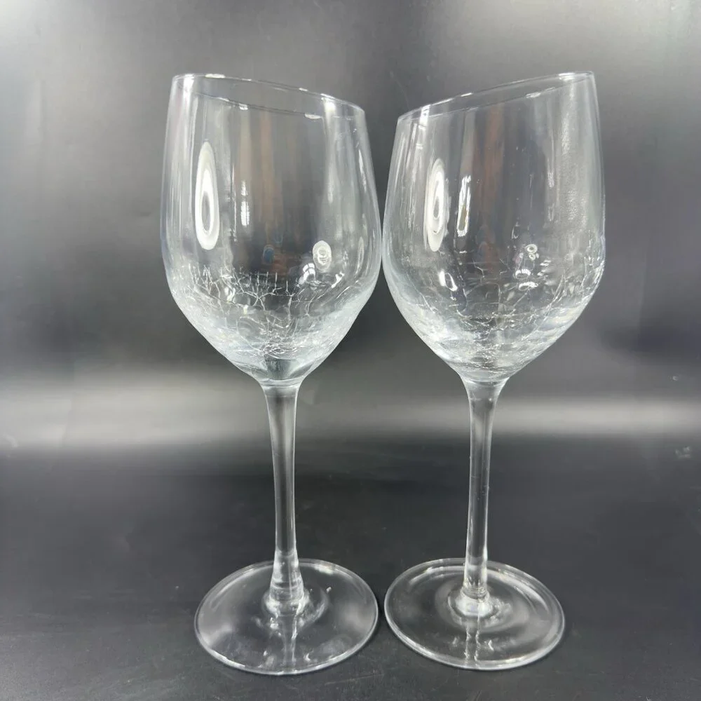 Pier 1 Clear Glass Crackle Angled Rim Goblet Drinking Glasses Cups Set 2 BarWare